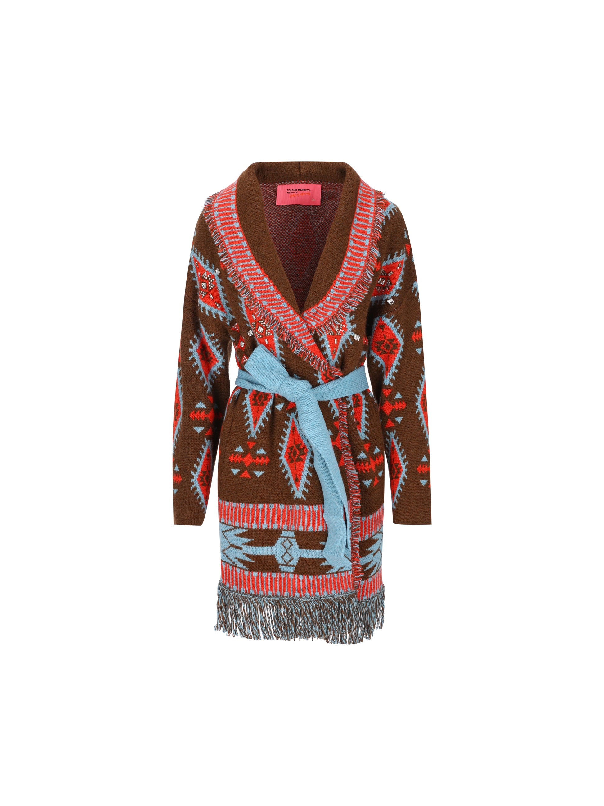 Cardigan realizzato in acrilico. 22600-71 MOKA/RED COLOUR MARKET 