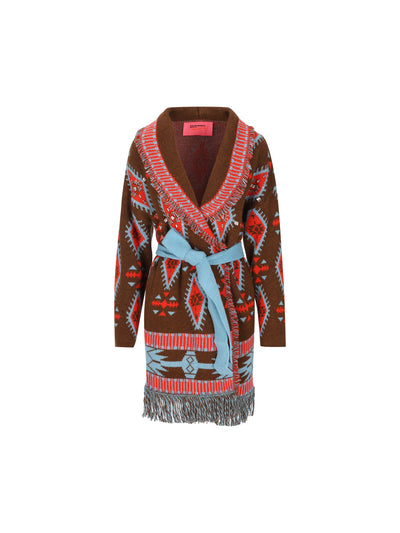 Cardigan realizzato in acrilico. 22600-71 MOKA/RED COLOUR MARKET 