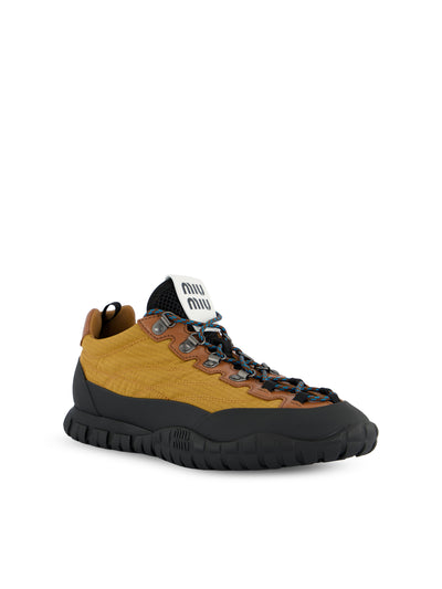 Sneakers in Tessuto Tecnico e Pelle Senape 5E760E FKSF0037 MIU MIU 