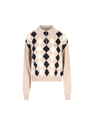 Polo in Cashmere Miu Miu Argyle con Mezza Zip MML08B 6033F0006 MIU MIU 