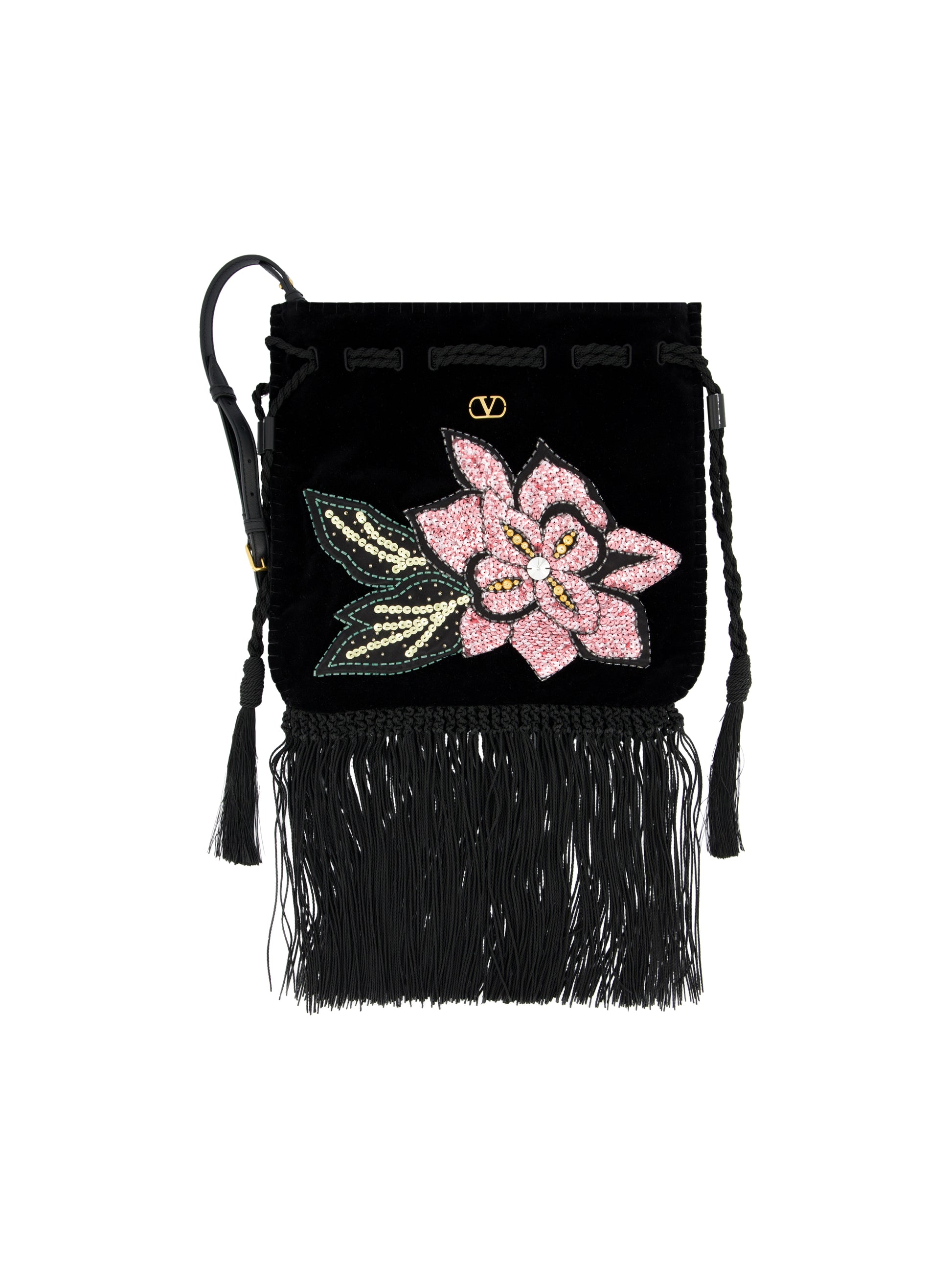 Borsa a Tracolla in Velluto con Ricamo Floreale e Frange 9W2B0T47QMD 7DL VALENTINO GARAVANI 