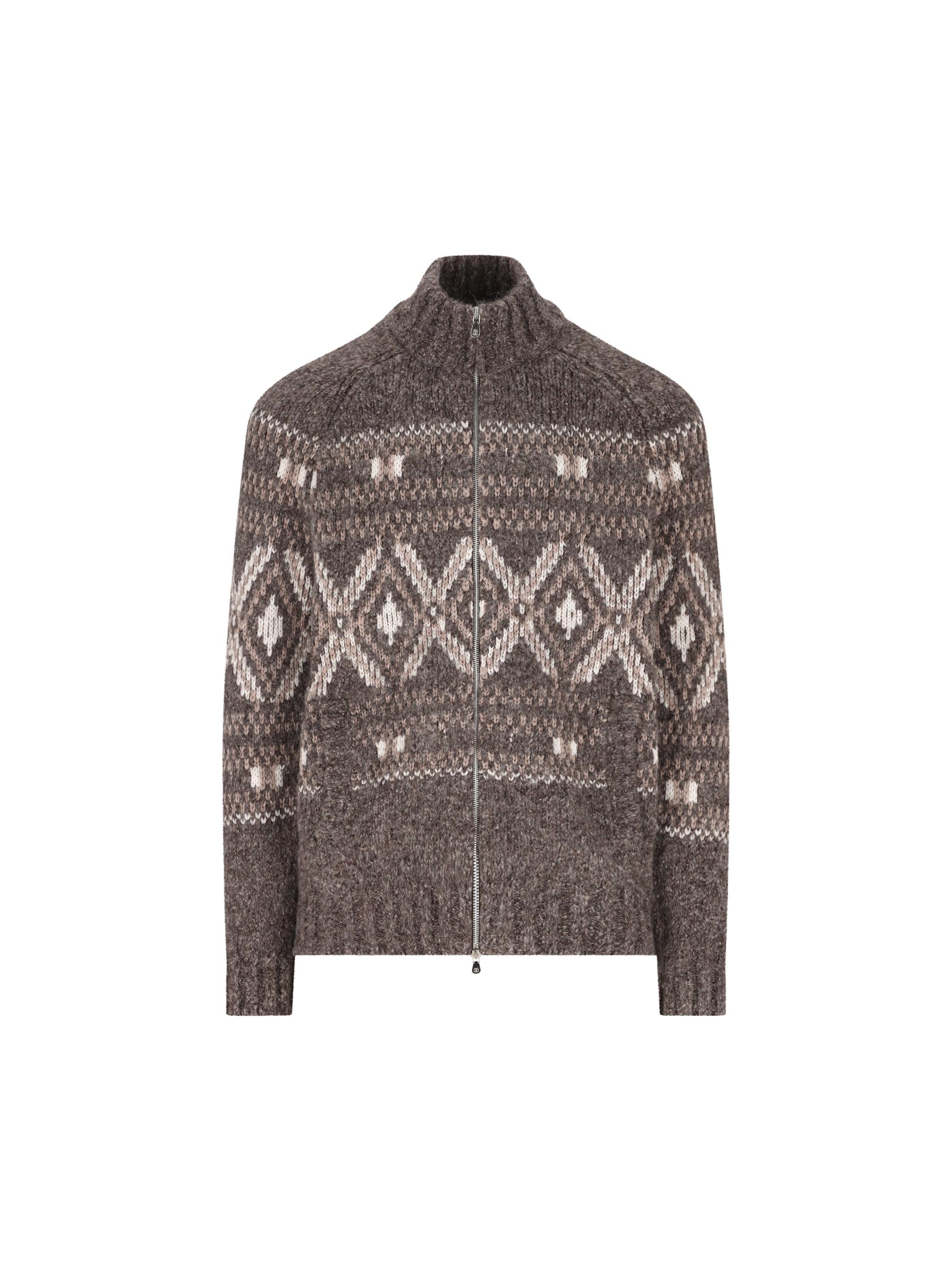 Cardigan Geometric Jacquard in alpaca, lana vergine e cashmere con zip M2B301706 COW07 BRUNELLO CUCINELLI 