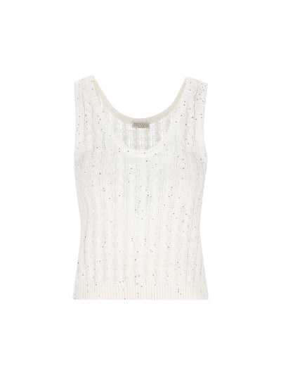 Top in maglia Dazzling Cable in lino a costa traforata MCO559700 C159 BRUNELLO CUCINELLI 