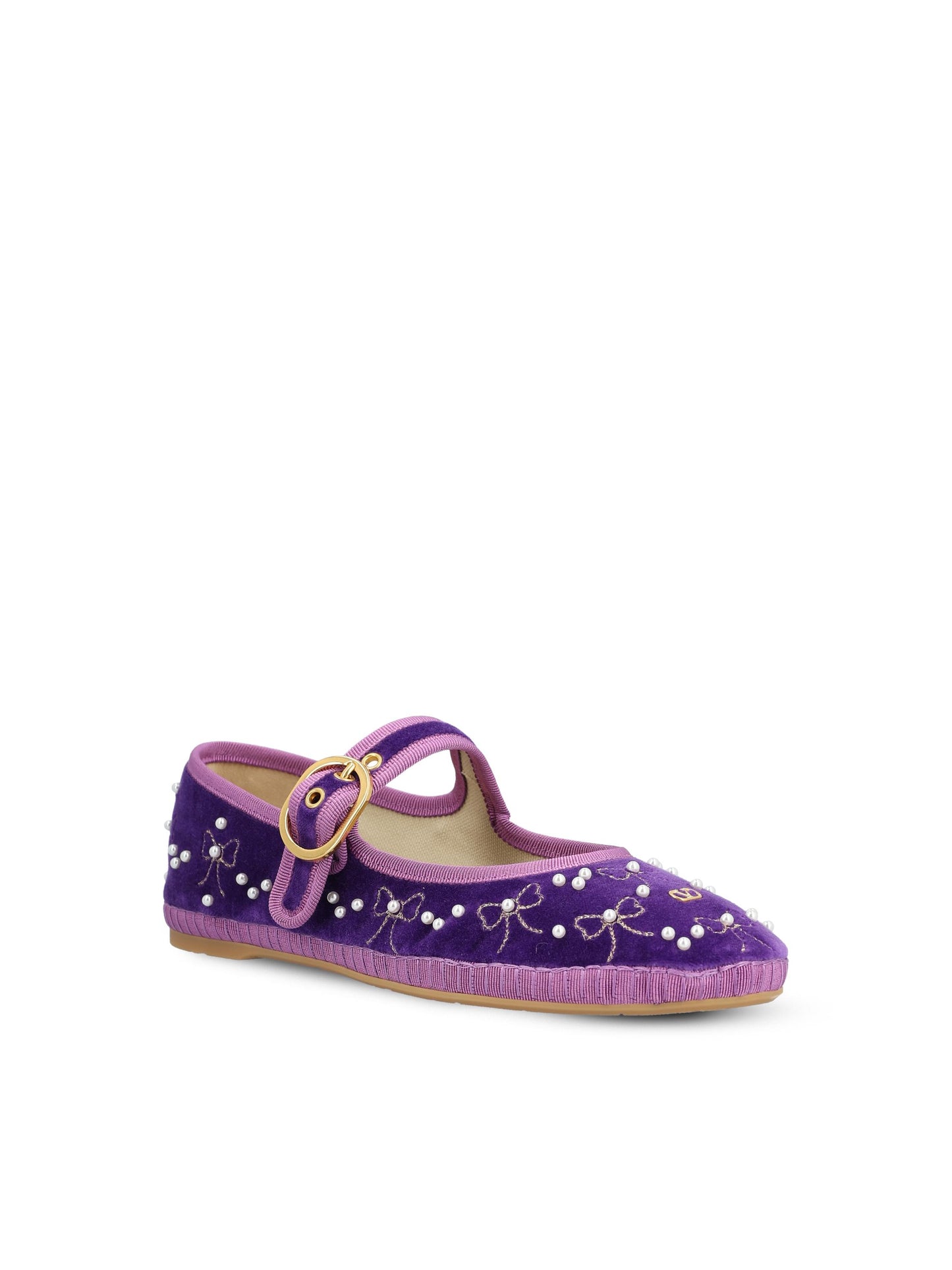 Ballerina Mary-Jane Endouce in velluto viola con ricamo fiocchi e perle 7W2S0MQ8BNU A7R VALENTINO GARAVANI 